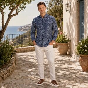 BRAX Men Modern Fit Blue Floral Print Button Down Shirt Natural Flex